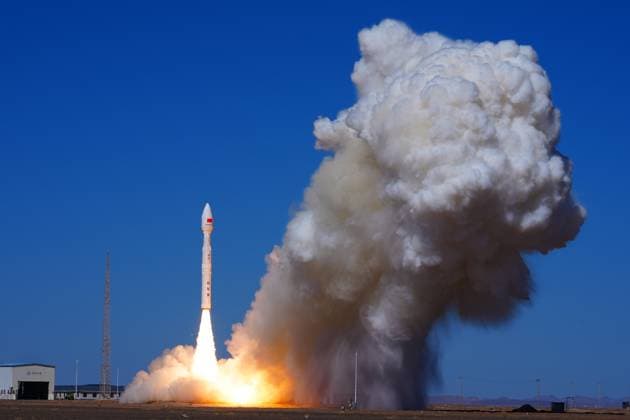 (260921) -- BEIJING, Sept. 21, 2026 -- A Lijian-1 Y18 carrier rocket carrying nine satellites blasts off from the Dongfeng commercial space innovation pilot zone in northwest China, Sept. 20, 2026. (Photo by Wang Jiangbo Xinhua) XINHUA PHOTOS OF THE DAY LiuxFang 