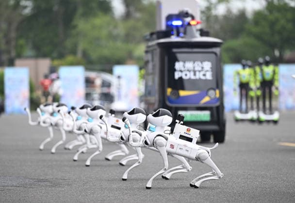 HANGZHOU, CHINA - SEPTEMBER 20: Quadruped robots perform during the first Intelligent Robot Application Skills Grand Exhibition Zhejiang Station on September 20, 2026 in Hangzhou, Zhejiang Province of China. The Zhejiang leg of the first Intelligent Robot Application Skills Exhibition, hosted by China Media Group (CMG), kicked off in Hangzhou, east China s Zhejiang Province, on Sunday.  Copyright: xChinaxNewsxServicex 111668235552