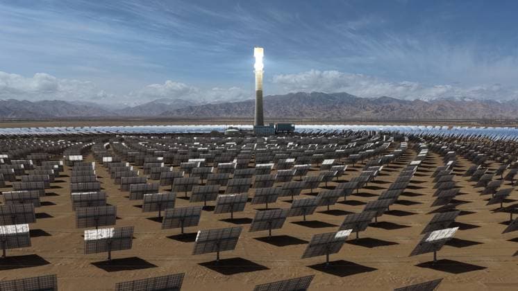 GOLMUD, CHINA - SEPTEMBER 19: A molten salt tower solar power station stands on the Gobi Desert on September 19, 2026 in Golmud, Qinghai Province of China. The facility is part of renewable energy development efforts in the region.  Copyright: xVCGx 111668318944