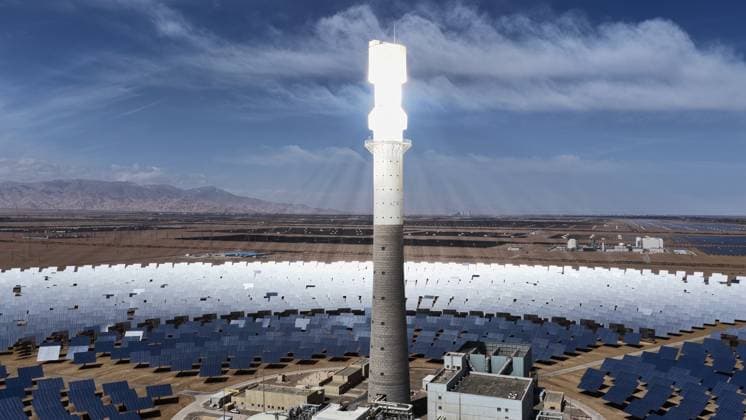 GOLMUD, CHINA - SEPTEMBER 19: A molten salt tower solar power station stands on the Gobi Desert on September 19, 2026 in Golmud, Qinghai Province of China. The facility generates renewable energy using concentrated solar power technology.  Copyright: xVCGx 111668318933