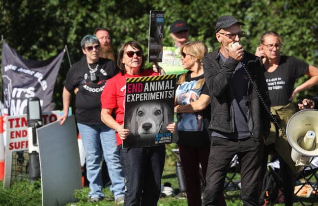 Animal Activists Protest Outside MBR Acres To Commemorate 50 Years of The Animal Liberation Front - 20 Sep 2026 Veteran activist and former ALF volunteer Mel Broughton talks to assembled protesters during the demonstration. Animal activists protest outside MBR Acres at Camp Beagle to Commemorate 50 years of The Animal Liberation Front (ALF). They gathered outside puppy breeding facility, MBR Acres that breed dogs for the vivisection industry. The protest Camp Beagle has had a permanent presence outside MBR Acres for five years. They say are staying until MBR Acres shuts down and the puppies are re-homed. Huntingdon United Kingdom Copyright: xMartinxPopex xSOPAxImagesx MPOPE_A736838