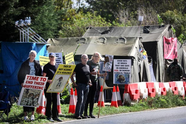 September 20, 2026, Huntingdon, United Kingdom: Activists gather with placards beside the tents of Camp Beagle during the demonstration. Animal activists protest outside MBR Acres at Camp Beagle to Commemorate 50 years of The Animal Liberation Front (ALF). They gathered outside puppy breeding facility, MBR Acres that breed dogs for the vivisection industry. The protest Camp Beagle has had a permanent presence outside MBR Acres for five years. They say are staying until MBR Acres shuts down and the puppies are re-homed. Huntingdon United Kingdom - ZUMAs197 20260920_aaa_s197_414 Copyright: xMartinxPopex