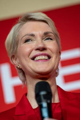 Minister-President and SPD lead candidate Manuela Schwesig, around 6:20 p.m., at the SPD election party in the Orangery of Schwerin Castle; Election Night, 2026 State Election, Mecklenburg-Western Pomerania, Schwerin, Mecklenburg-Western Pomerania, Germany; Schwerin Castle and surrounding area