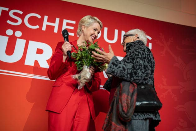 Minister-President and SPD lead candidate Manuela Schwesig, around 6:20 p.m., at the SPD election party in the Orangery of Schwerin Castle; Election Night for the 2026 State Parliamentary Election in Mecklenburg-Western Pomerania, Schwerin, Mecklenburg-Western Pomerania, Germany; Schwerin Castle and surrounding area