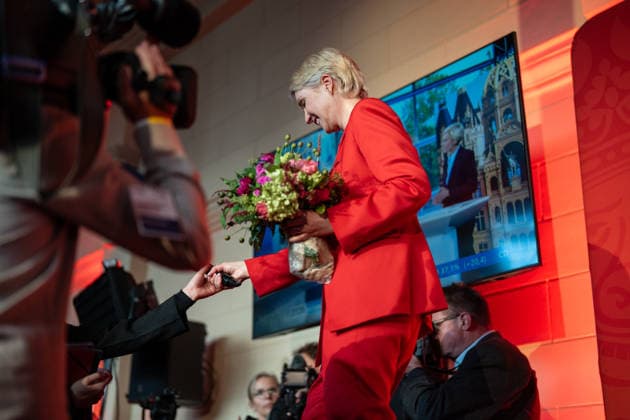 Minister-President and SPD lead candidate Manuela Schwesig, around 6:20 p.m., at the SPD election party in the Orangery of Schwerin Castle; Election Night for the 2026 State Parliamentary Election in Mecklenburg-Western Pomerania, Schwerin, Mecklenburg-Western Pomerania, Germany; Schwerin Castle and surrounding area