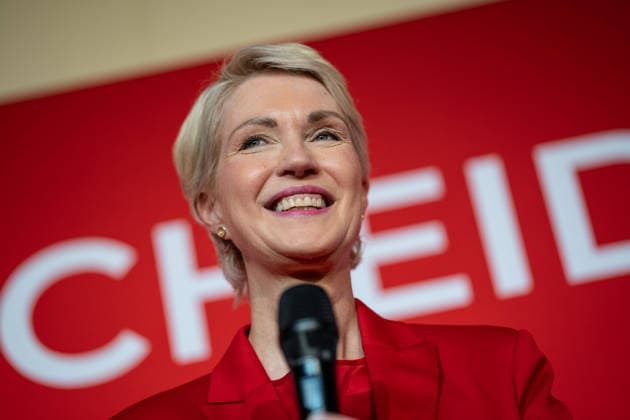 Minister-President and SPD lead candidate Manuela Schwesig, around 6:20 p.m., at the SPD election party in the Orangery of Schwerin Castle; Election Night for the 2026 State Parliamentary Election in Mecklenburg-Western Pomerania, Schwerin, Mecklenburg-Western Pomerania, Germany; Schwerin Castle and surrounding area