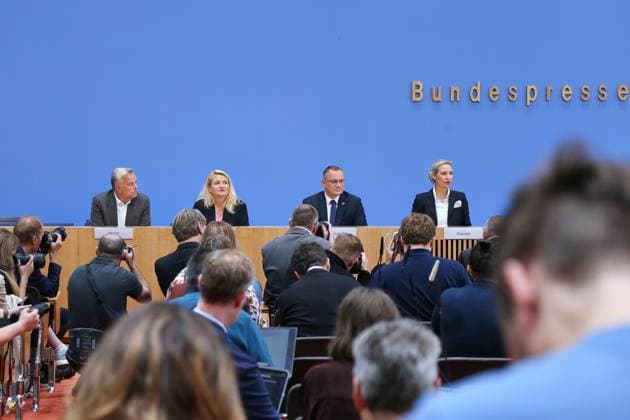Berlin, Germany, September 21, 2026 Federal Press Conference: AfD—Impact of the State Elections in Berlin and Mecklenburg-Western Pomerania on Federal Politics Leif Erik Holm, AfD candidate for the office of Minister-President in Mecklenburg-Western Pomerania, Kristin Brinker, AfD lead candidate for Berlin, and AfD chairpersons Tino Chrupalla and Alice Weidel Copyright: xdtsxNachrichtenagenturx dts_135648