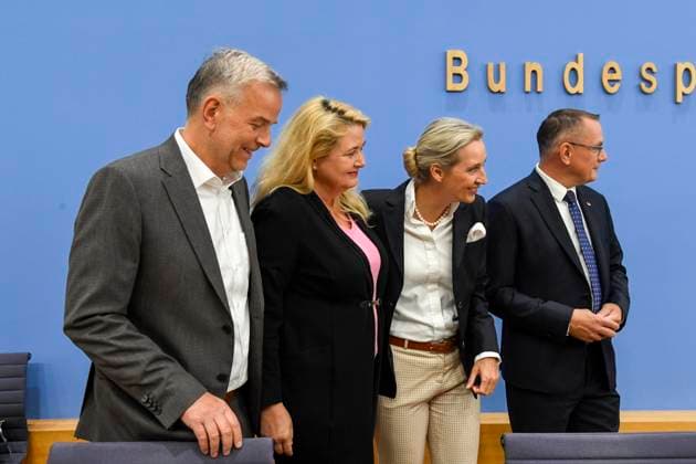 ABB BPK Leif Erik Holm, AfD Mecklenburg-Western Pomerania; Kristin Brinker, AfD lead candidate in Berlin; Alice Weidel, federal spokesperson for the AfD and co-chair of the AfD parliamentary group, Tino Chrupalla, Federal Spokesperson for the AfD and Co-Chair of the AfD parliamentary group. Topic: Af