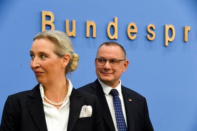 ABB BPK Alice Weidel, Federal Spokesperson for the AfD and Co-Chair of the AfD parliamentary group, Tino Chrupalla, Federal Spokesperson for the AfD and Co-Chair of the AfD parliamentary group. Topic: AfD—Impact of the state elections in Berlin and Mecklenburg-Western Pomerania on federal politics. Statement at the Federal Press Conference on September 21, 2026, in Berlin, Germany.