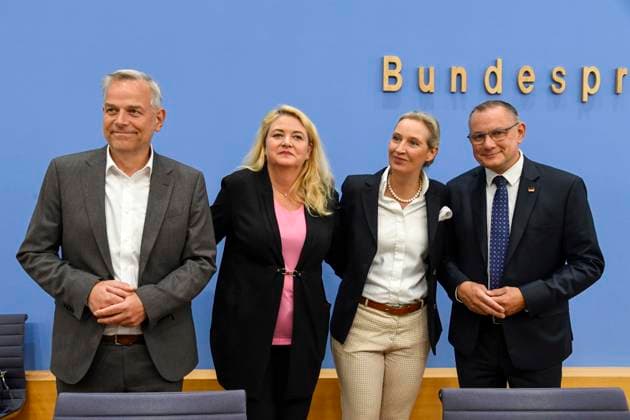 ABB BPK Leif Erik Holm, AfD Mecklenburg-Western Pomerania; Kristin Brinker, AfD lead candidate in Berlin; Alice Weidel, federal spokesperson for the AfD and co-chair of the AfD parliamentary group, Tino Chrupalla, Federal Spokesperson for the AfD and Co-Chair of the AfD parliamentary group. Topic: Af