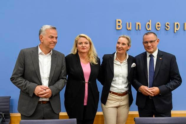 ABB BPK Leif Erik Holm, AfD Mecklenburg-Western Pomerania; Kristin Brinker, AfD lead candidate in Berlin; Alice Weidel, federal spokesperson for the AfD and co-chair of the AfD parliamentary group, Tino Chrupalla, Federal Spokesperson for the AfD and Co-Chair of the AfD parliamentary group. Topic: Af