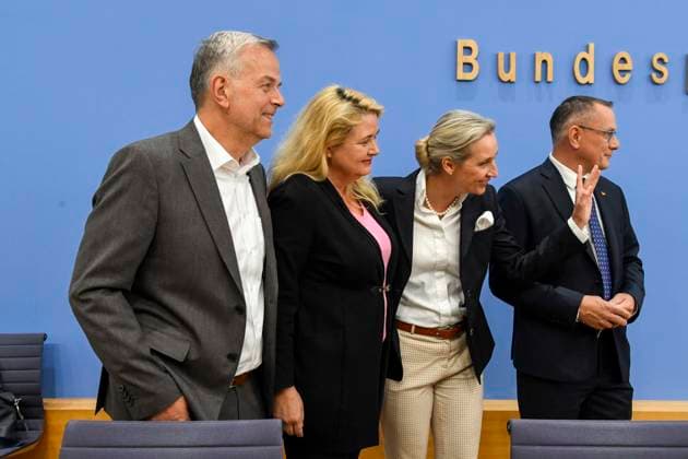 ABB BPK Leif Erik Holm, AfD Mecklenburg-Western Pomerania; Kristin Brinker, AfD lead candidate in Berlin; Alice Weidel, federal spokesperson for the AfD and co-chair of the AfD parliamentary group, Tino Chrupalla, Federal Spokesperson for the AfD and Co-Chair of the AfD parliamentary group. Topic: Af