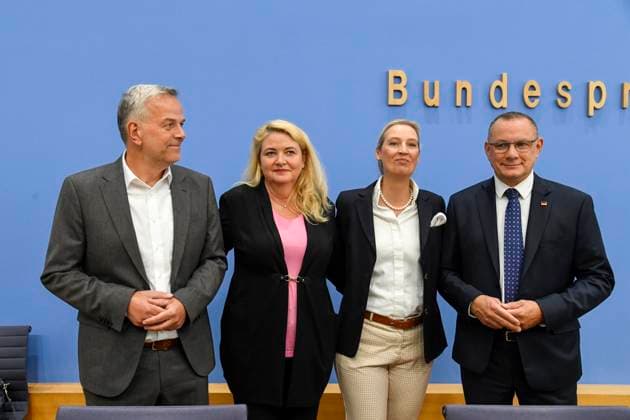 ABB BPK Leif Erik Holm, AfD Mecklenburg-Western Pomerania; Kristin Brinker, AfD lead candidate in Berlin; Alice Weidel, federal spokesperson for the AfD and co-chair of the AfD parliamentary group, Tino Chrupalla, Federal Spokesperson for the AfD and Co-Chair of the AfD parliamentary group. Topic: Af