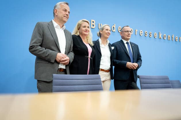 Federal Press Conference, AfD Berlin, BPK, AfD, Elections, Mecklenburg-Western Pomerania, Alice Weidel, Federal Spokesperson, Tino Chrupalla, Federal Spokesperson, Kristin Brinker, Top Candidate, Leif Erik Holm Berlin Berlin GER