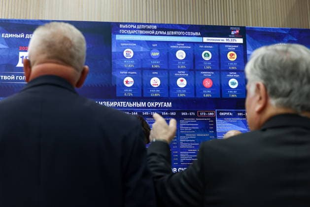 RUSSIA, MOSCOW - SEPTEMBER 21, 2026: Workers monitor screens showing preliminary election results of the 2026 Russian legislative election at the Information Centre of the Russian Central Election Commission. During the 2026 Singe Voting Day lasted from 18 to 20 September, Russian citizens went to the polls to elect members of the Russian State Duma of the 9th convocation, as well as to vote in regional parliamentary and local government elections. Artyom Geodakyan TASS  98079253