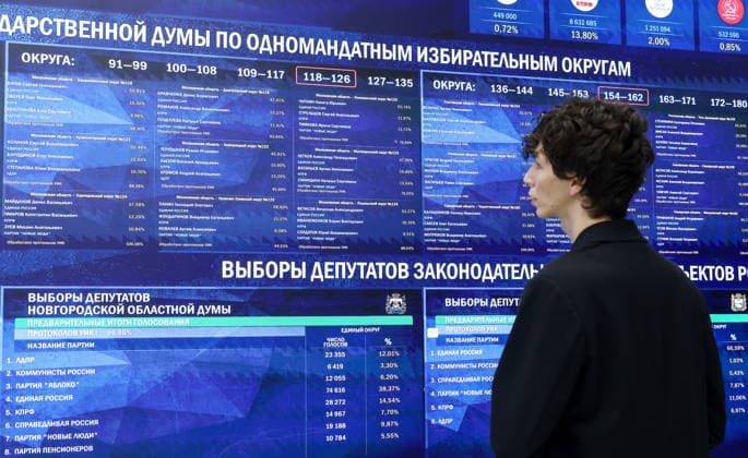 RUSSIA, MOSCOW - SEPTEMBER 21, 2026: A worker monitors screens showing preliminary election results of the 2026 Russian legislative election at the Information Centre of the Russian Central Election Commission. During the 2026 Singe Voting Day lasted from 18 to 20 September, Russian citizens went to the polls to elect members of the Russian State Duma of the 9th convocation, as well as to vote in regional parliamentary and local government elections. Artyom Geodakyan TASS  98079432