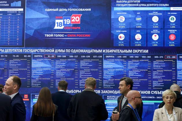 RUSSIA, MOSCOW - SEPTEMBER 21, 2026: Workers monitor screens showing preliminary election results of the 2026 Russian legislative election at the Information Centre of the Russian Central Election Commission. During the 2026 Singe Voting Day lasted from 18 to 20 September, Russian citizens went to the polls to elect members of the Russian State Duma of the 9th convocation, as well as to vote in regional parliamentary and local government elections. Artyom Geodakyan TASS  98079135