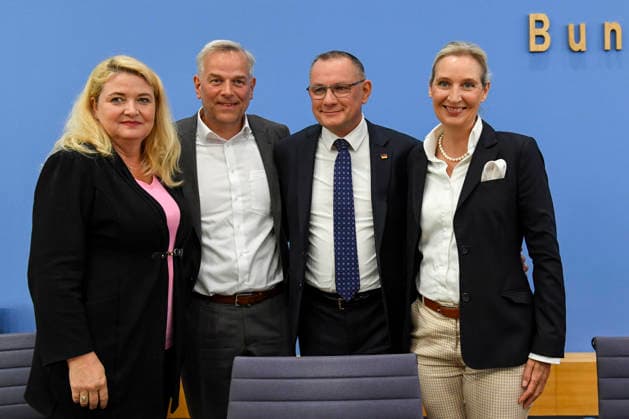 ABB BPK Kristin Brinker, AfD’s top candidate in Berlin; Leif Erik Holm, AfD Mecklenburg-Western Pomerania; Alice Weidel, federal spokesperson for the AfD and co-chair of the AfD parliamentary group; Tino Chrupalla, Federal Spokesperson for the AfD and Co-Chair of the AfD parliamentary group. Topic: Af