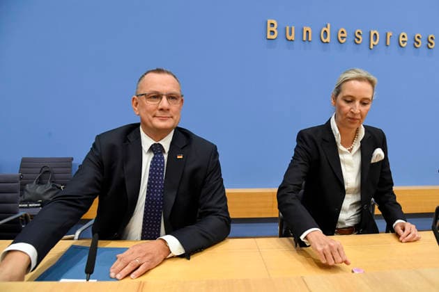 ABB BPK, Tino Chrupalla, Federal Spokesperson for the AfD and Co-Chair of the AfD parliamentary group, Alice Weidel, Federal Spokesperson for the AfD and Co-Chair of the AfD parliamentary group Topic: AfD—Impact of the state elections in Berlin and Mecklenburg-Western Pomerania on federal politics Statement at the BPK Federal Press Conference on September 21, 2026, in Berlin, Berlin, Germa