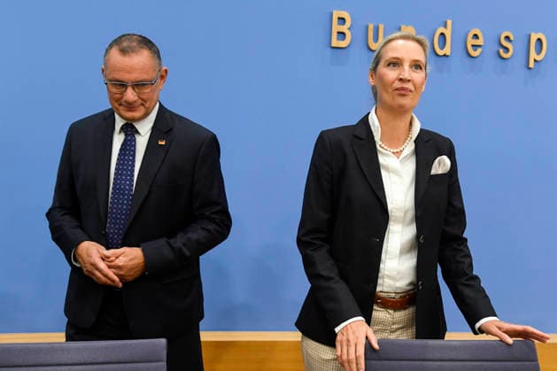 ABB BPK, Tino Chrupalla, Federal Spokesperson for the AfD and Co-Chair of the AfD parliamentary group, Alice Weidel, Federal Spokesperson for the AfD and Co-Chair of the AfD parliamentary group Topic: AfD—Impact of the state elections in Berlin and Mecklenburg-Western Pomerania on federal politics Statement at the BPK Federal Press Conference on September 21, 2026, in Berlin, Germany