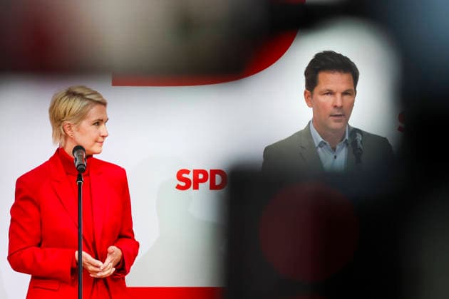 Manuela Schwesig and Steffen Krach at the press conference following the state elections in Berlin and Mecklenburg-Western Pomerania at the Willy Brandt House on September 21, 2026; SPD leadership at the press conference following the state elections in Berlin