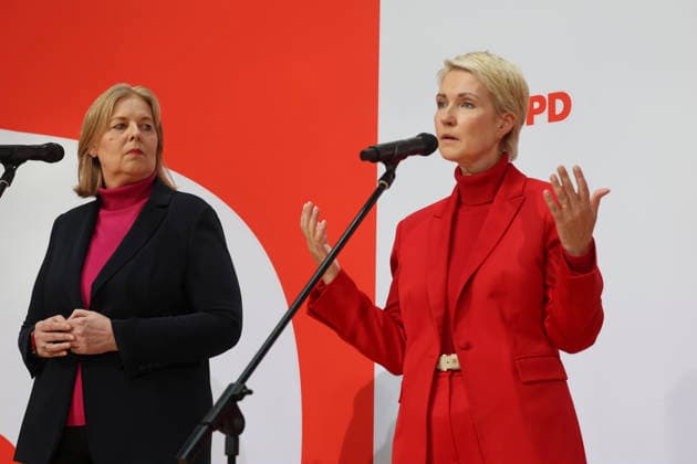 Bärbel Bas and Manuela Schwesig at the press conference following the state elections in Berlin and Mecklenburg-Western Pomerania at the Willy Brandt House on September 21, 2026; SPD leadership at the press conference following the state elections in Berlin