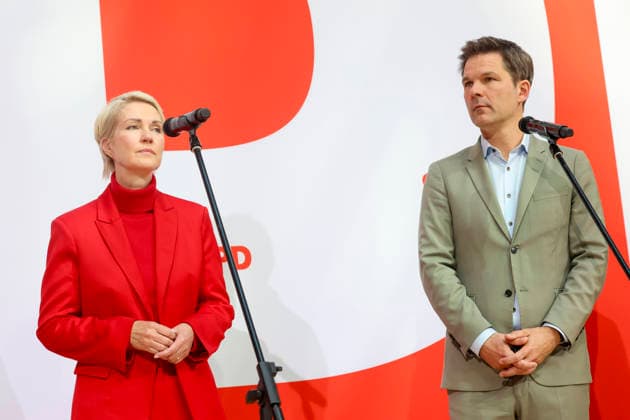 Manuela Schwesig and Steffen Krach at the press conference following the state elections in Berlin and Mecklenburg-Western Pomerania at the Willy Brandt House on September 21, 2026; SPD leadership at the press conference following the state elections in Berlin