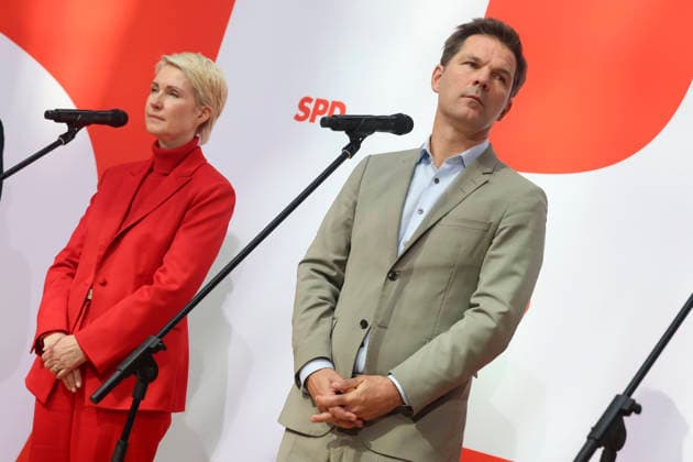 Manuela Schwesig and Steffen Krach at the press conference following the state elections in Berlin and Mecklenburg-Western Pomerania at the Willy Brandt Haus on September 21, 2026; SPD leadership at the press conference following the state elections in Berlin