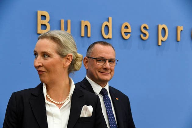 ABB BPK Alice Weidel, Federal Spokesperson for the AfD and Co-Chair of the AfD parliamentary group, Tino Chrupalla, federal spokesperson for the AfD and co-chair of the AfD parliamentary group Topic: AfD—Impact of the state elections in Berlin and Mecklenburg-Western Pomerania on federal politics Statement at the BPK Federal Press Conference on September 21, 2026, in Berlin, Germany