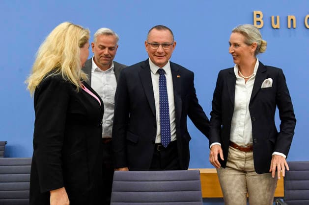 ABB BPK Leif Erik Holm, AfD Mecklenburg-Western Pomerania; Kristin Brinker, AfD lead candidate in Berlin; Alice Weidel, federal spokesperson for the AfD and co-chair of the AfD parliamentary group; Tino Chrupalla, Federal Spokesperson for the AfD and Co-Chair of the AfD parliamentary group. Topic: Af