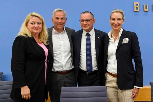 ABB BPK Leif Erik Holm, AfD Mecklenburg-Western Pomerania; Kristin Brinker, AfD lead candidate in Berlin; Alice Weidel, federal spokesperson for the AfD and co-chair of the AfD parliamentary group; Tino Chrupalla, Federal Spokesperson for the AfD and Co-Chair of the AfD parliamentary group. Topic: Af