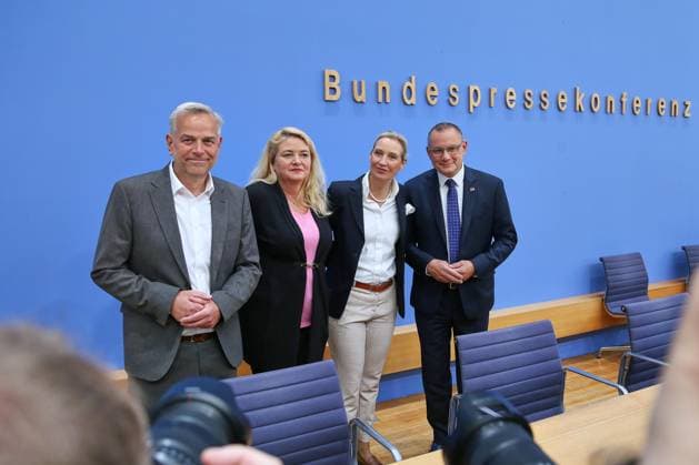 Berlin, Germany, September 21, 2026 Federal Press Conference: AfD—Impact of the State Elections in Berlin and Mecklenburg-Western Pomerania on Federal Politics Leif Erik Holm, AfD candidate for the office of Minister-President in Mecklenburg-Western Pomerania, Kristin Brinker, AfD lead candidate for Berlin, and AfD chairpersons Tino Chrupalla and Alice Weidel Copyright: xdtsxNachrichtenagenturx dts_135669