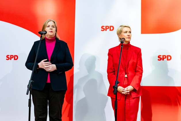 SPD Party Chair Bärbel Bas and SPD lead candidate in Mecklenburg-Western Pomerania Manuela Schwesig at a press conference at the Willy Brandt House in Berlin on September 21, 2026. Reactions to the state elections in Mecklenburg-Western Pomerania and Berlin