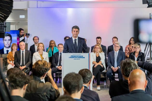 Paris, France September 21, 2026 - Press conference held by the Renaissance Party to announce new members of the campaign team for the upcoming presidential election. Gabriel Attal, the Renaissance Party candidate, is projected to receive 12 to 12.5 percent of the vote in the upcoming French presidential election, according to recent polls - Gabriel Attal POLITIQUE, ATTAL, RENAISSANCE,  Copyright: xVincentxIsorex