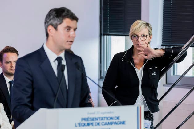 Paris, France September 21, 2026 - Press conference held by the Renaissance Party to announce new members of the campaign team for the upcoming presidential election. Gabriel Attal, the Renaissance Party candidate, is projected to receive 12 to 12.5 percent of the vote in the upcoming French presidential election, according to recent polls - Celine Geraud, Gabriel Attal POLITIQUE, ATTAL, RENAISSANCE,  Copyright: xVincentxIsorex