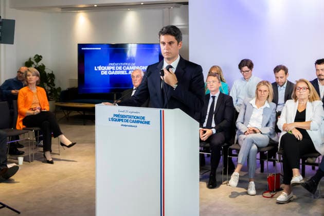 Paris, France September 21, 2026 - Press conference held by the Renaissance Party to announce new members of the campaign team for the upcoming presidential election. Gabriel Attal, the Renaissance Party candidate, is projected to receive 12 to 12.5 percent of the vote in the upcoming French presidential election, according to recent polls - Gabriel Attal POLITIQUE, ATTAL, RENAISSANCE,  Copyright: xVincentxIsorex