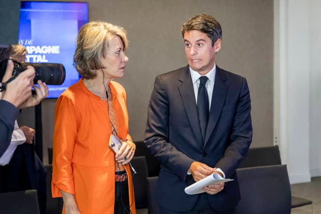 Paris, France September 21, 2026 - Press conference held by the Renaissance Party to announce new members of the campaign team for the upcoming presidential election. Gabriel Attal, the Renaissance Party candidate, is projected to receive 12 to 12.5 percent of the vote in the upcoming French presidential election, according to recent polls - Anne Genetet, Gabriel Attal POLITIQUE, ATTAL, RENAISSANCE,  Copyright: xVincentxIsorex