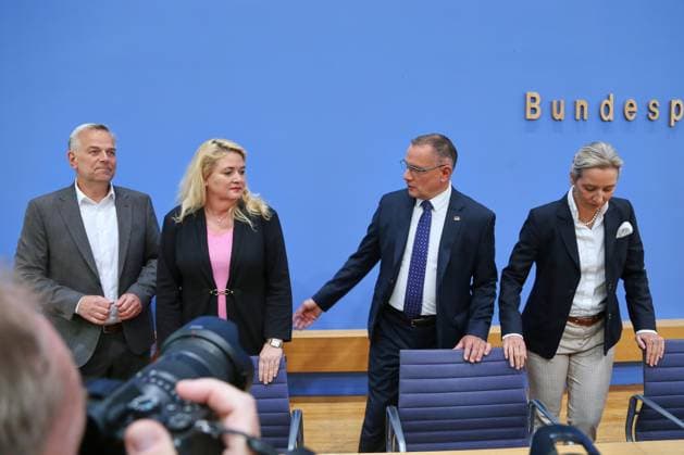 Berlin, Germany, September 21, 2026 Federal Press Conference: AfD—Impact of the State Elections in Berlin and Mecklenburg-Western Pomerania on Federal Politics Leif Erik Holm, AfD candidate for the office of Minister-President in Mecklenburg-Western Pomerania, Kristin Brinker, AfD lead candidate for Berlin, and AfD chairpersons Tino Chrupalla and Alice Weidel Copyright: xdtsxNachrichtenagenturx dts_135664