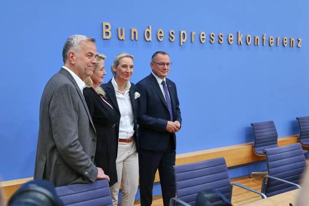 Berlin, Germany, September 21, 2026 Federal Press Conference: AfD—Impact of the State Elections in Berlin and Mecklenburg-Western Pomerania on Federal Politics Leif Erik Holm, AfD candidate for the office of Minister-President in Mecklenburg-Western Pomerania, Kristin Brinker, AfD lead candidate for Berlin, and AfD chairpersons Tino Chrupalla and Alice Weidel Copyright: xdtsxNachrichtenagenturx dts_135668