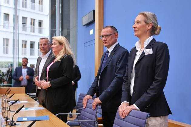 Berlin, Germany, September 21, 2026 Federal Press Conference: AfD—Impact of the State Elections in Berlin and Mecklenburg-Western Pomerania on Federal Politics Leif Erik Holm, AfD candidate for the office of Minister-President in Mecklenburg-Western Pomerania, Kristin Brinker, AfD lead candidate for Berlin, and AfD chairpersons Tino Chrupalla and Alice Weidel Copyright: xdtsxNachrichtenagenturx dts_135673