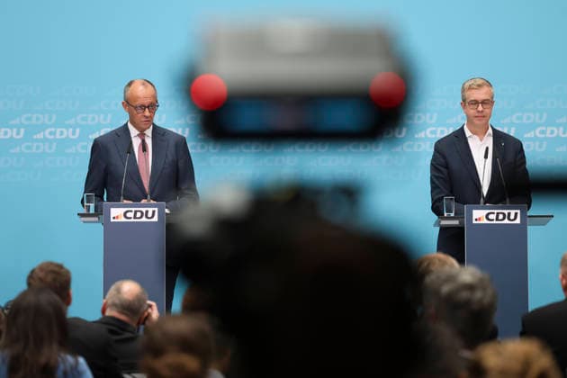 Federal Chancellor and CDU Party Chairman Friedrich Merz and Stefan Evers at the press conference following the state elections in Berlin and Mecklenburg-Western Pomerania at the Konrad Adenauer House on September 21, 2026, in Berlin; Friedrich Merz at a press conference following the state elections in Berlin