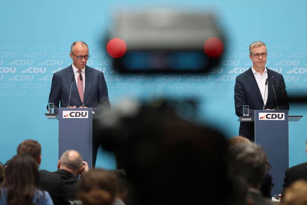 Federal Chancellor and CDU Party Chairman Friedrich Merz and Stefan Evers at the press conference following the state elections in Berlin and Mecklenburg-Western Pomerania at the Konrad Adenauer House on September 21, 2026, in Berlin; Friedrich Merz at a press conference following the state elections in Berlin