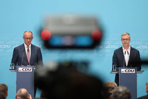 Federal Chancellor and CDU Party Chairman Friedrich Merz and Stefan Evers at the press conference following the state elections in Berlin and Mecklenburg-Western Pomerania at the Konrad Adenauer House on September 21, 2026, in Berlin; Friedrich Merz at a press conference following the state elections in Berlin