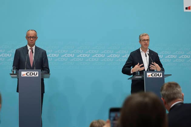 Federal Chancellor and CDU Party Chairman Friedrich Merz and Stefan Evers at the press conference following the state elections in Berlin and Mecklenburg-Western Pomerania at the Konrad Adenauer House on September 21, 2026, in Berlin; Friedrich Merz at a press conference following the state elections in Berlin