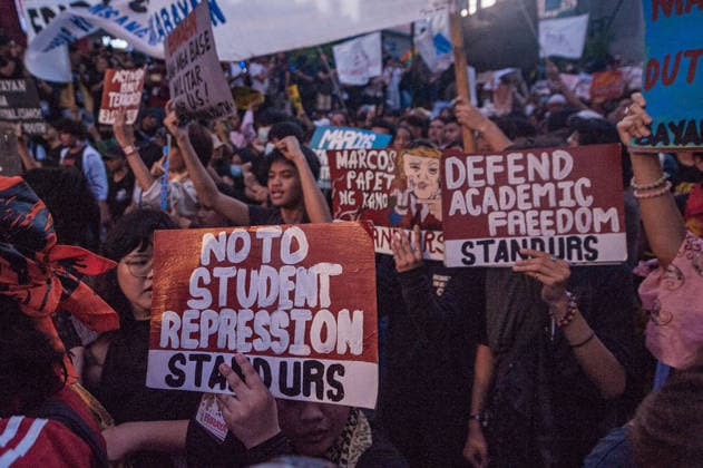 September 21, 2026, Quezon City, Quezon, Philippines: Thousands of Filipinos and various progressive groups from multiple sectors protested through the streets of Manila until Recto Ave, commemorating 54 years since the decalaration of Martial Law by late President Marcos Sr, father of current president Marcos Jr. The protesters were stopped at by the Philippine National Police s barricades. Quezon City Philippines - ZUMAy102 20260921_zip_y102_010 Copyright: xKenosisxYapx