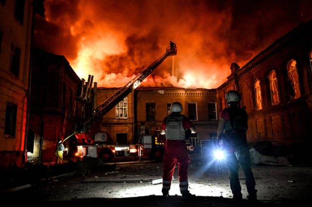 Historic Building of Zaporizhzhia National University Struck by Russian Army - Ukraine A rescuer uses an aerial work platform to extinguish a fire at Academic Building No. 3 of Zaporizhzhia National University, caused by an overnight Russian drone attack in the Oleksandrivskyi district of Zaporizhzhia, Ukraine, September 21, 2026. The building, a cultural heritage site and architectural monument of local significance, was formerly the Oleksandrivsk Girls? Gymnasium, built in 1902. A significant portion of the historic structure burned down in the attack. Buildings No. 4 and No. 5 also sustained damage, with windows shattered. The Russian strike additionally destroyed a shopping centre and damaged multi-storey residential blocks. Six people  Copyright: xSmoliyenkoxDmytro Ukrinform ABACAx