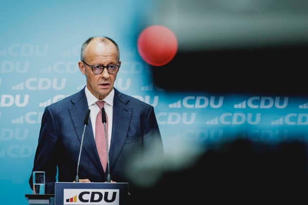 Friedrich Merz, CDU, Federal Chancellor, photographed during a press conference in response to the state election in Mecklenburg-Western Pomerania and the Berlin House of Representatives election, September 21, 2026. While Die Linke won the election in Berlin with 25.7 percent, ahead of the CDU, Copyright: xFlorianxGaertnerx
