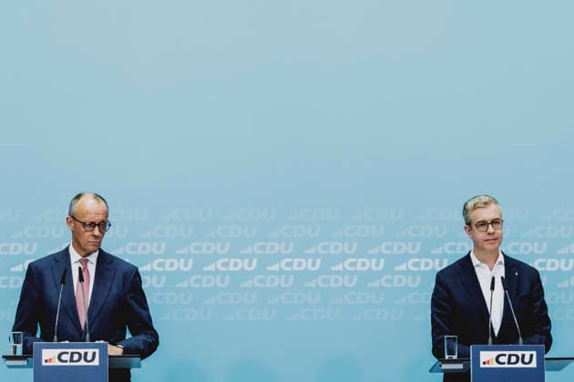 L R Friedrich Merz, CDU, Federal Chancellor, and Stefan Evers, CDU’s top candidate for the Berlin House of Representatives election, photographed during a press conference in response to the state election in Me Copyright: xFlorianxGaertnerx