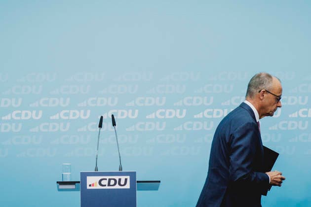 Friedrich Merz (CDU), Federal Chancellor, photographed during a press conference in response to the state election in Mecklenburg-Western Pomerania and the Berlin House of Representatives election, September 21, 2026. While The Left won the election in Berlin with 25.7 percent, ahead of the CDU, Copyright: xFlorianxGaertnerx