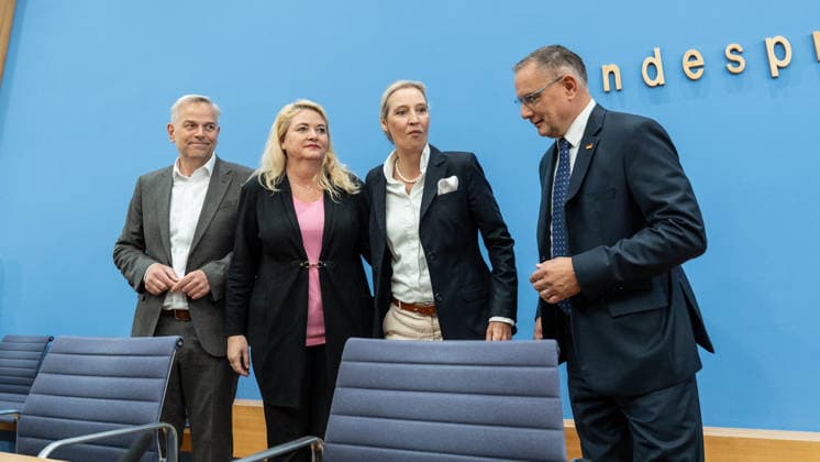 Alice Weidel, Federal Chairwoman of the AfD; Tino Chrupalla, Federal Chairman of the AfD; Leif Eric Holm, candidate for Minister-President in the Mecklenburg-Western Pomerania state election; and Kristin Brinker, lead candidate for the Berlin House of Representatives election, at the start of the Federal Press Confer
